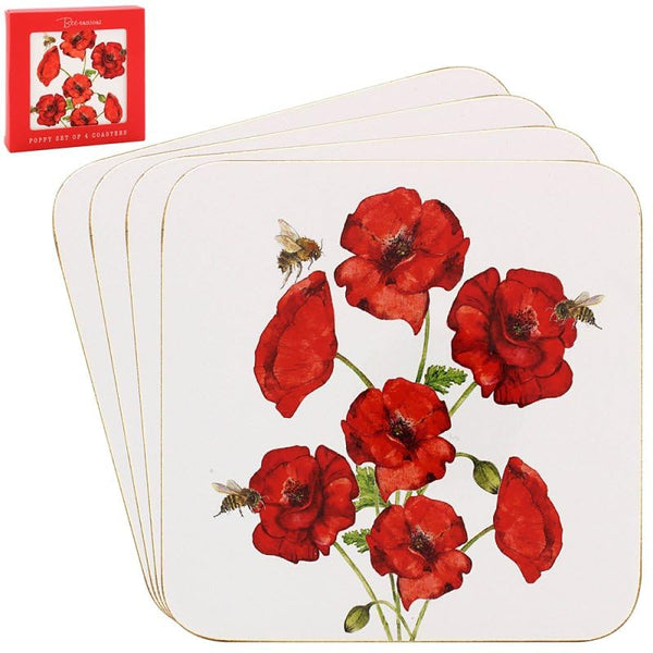 4pcs Red Poppies Cork Coasters Bee-tanical Floral Series Flower Heat Resist