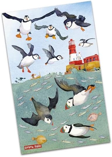Emma Ball Diving Puffins Cotton Tea Towel Printed in The UK