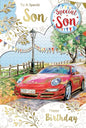 "Express Yourself" Birthday Card To A Special Son – White theme with beautiful red car and beautiful nature view.