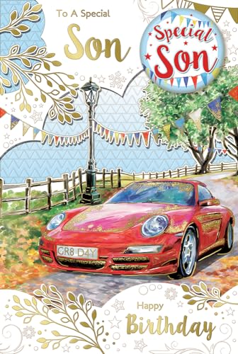 "Express Yourself" Birthday Card To A Special Son – White theme with beautiful red car and beautiful nature view.