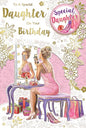 Express Yourself" Birthday Card To A Special Daughter On Your Birthday – White And Pink theme with beautiful girl who wearing pink dress and take mirror selfie and also some gifts near table.