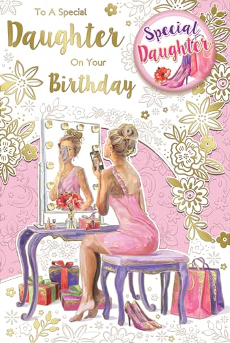 Express Yourself" Birthday Card To A Special Daughter On Your Birthday – White And Pink theme with beautiful girl who wearing pink dress and take mirror selfie and also some gifts near table.