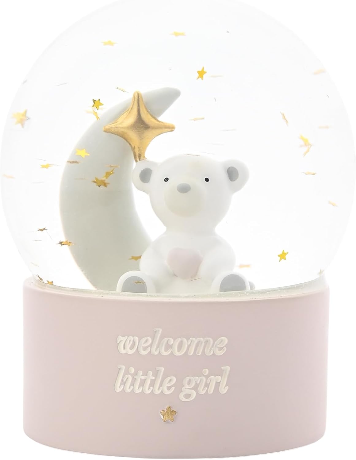 Bambino By Juliana 'Welcome Little Girl' Teddy & Moon Water Globe - Pink. Gifting to Celebrate Newborn Children, Family & Love - Baby Shower, Christening & New Born Gift.