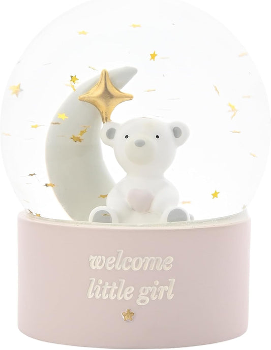 Bambino By Juliana 'Welcome Little Girl' Teddy & Moon Water Globe - Pink. Gifting to Celebrate Newborn Children, Family & Love - Baby Shower, Christening & New Born Gift.