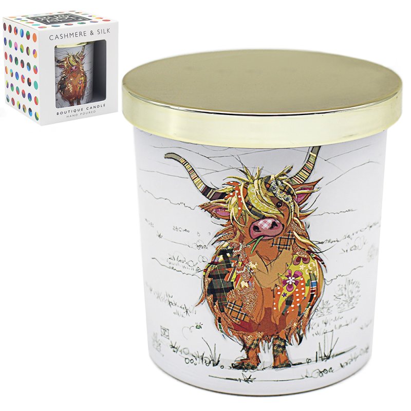 Lesser & Pavey Bug Art Candle Gold Lid- Kimba Kitten, Hamish Highland Cow, Murphy Mutt, Eddie Elephant, Connie Cow, Otto Owl, Gina Giraffe, Pozi Panda and More (Highland Cow) [Energy Class A]