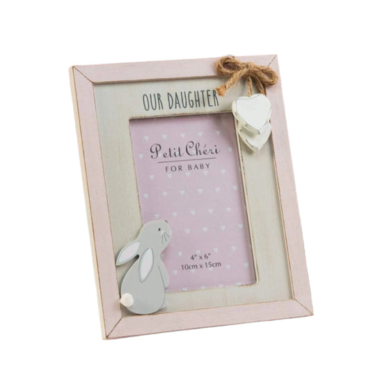 Pink photo frame with 'Our Daughter' text and heart design on a pink background
