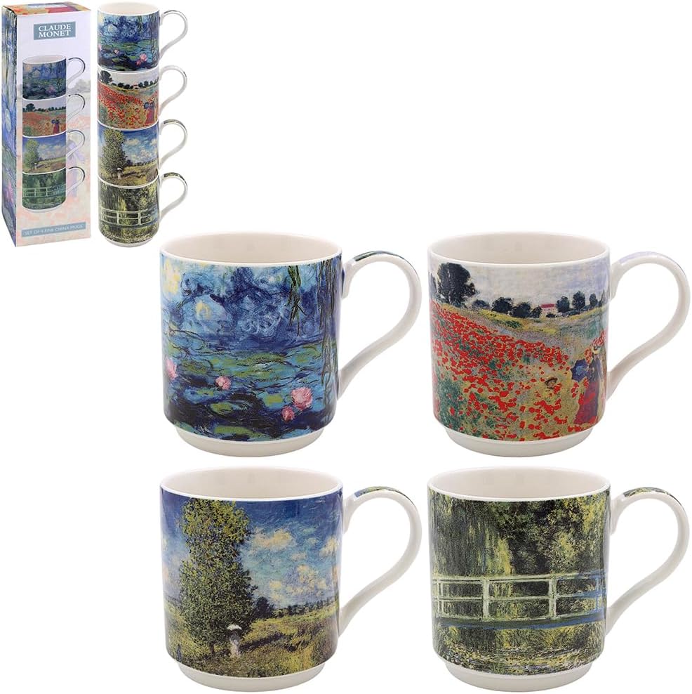 Lesser & Pavey Stacking Mugs Set of 4 | Ceramic Coffee Mugs Set for Home or Work | Premium Design Mugs Set for All Occasions | Lovely Mugs for Tea, Coffee & Hot Drinks - Claude Monet