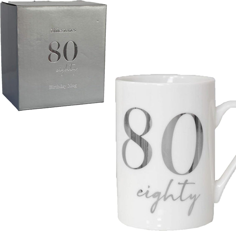 White Bone China Mug with Silver Foil Number - 80th Eighty 80 Birthday