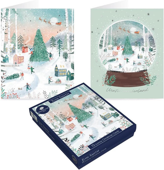 Tom Smith Boxed Christmas Cards Pack - 15 Luxury Xmas Cards with Envelopes and Seals - Seasonal Village and Snow Globe Designs - Recycled Eco Friendly Christmas Card Set