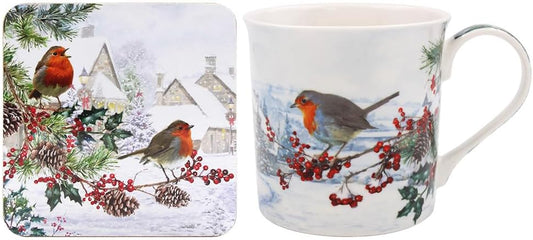 Lesser & Pavey The Leonardo Collection LP53092 Macneil Christmas Robins Fine China Mug and Coaster Set, Boxed