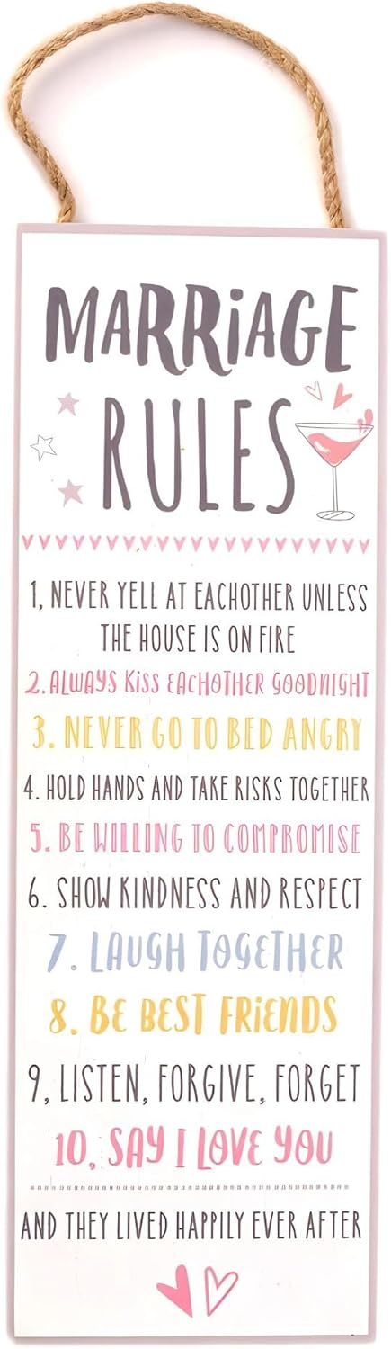 Widdop and Co Wedding/Anniversary Hanging Sentiment Wooden Wall Plaque - Marriage Rules - Decorative Wedding Gift/Home Decor, LL492