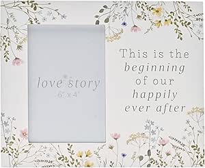 Love Story Wildflower Photo Frame 4" x 6" – Happily Ever After | Freestanding Floral Picture Frame with Romantic Quote | Gift for Engagement, Wedding, or Anniversary