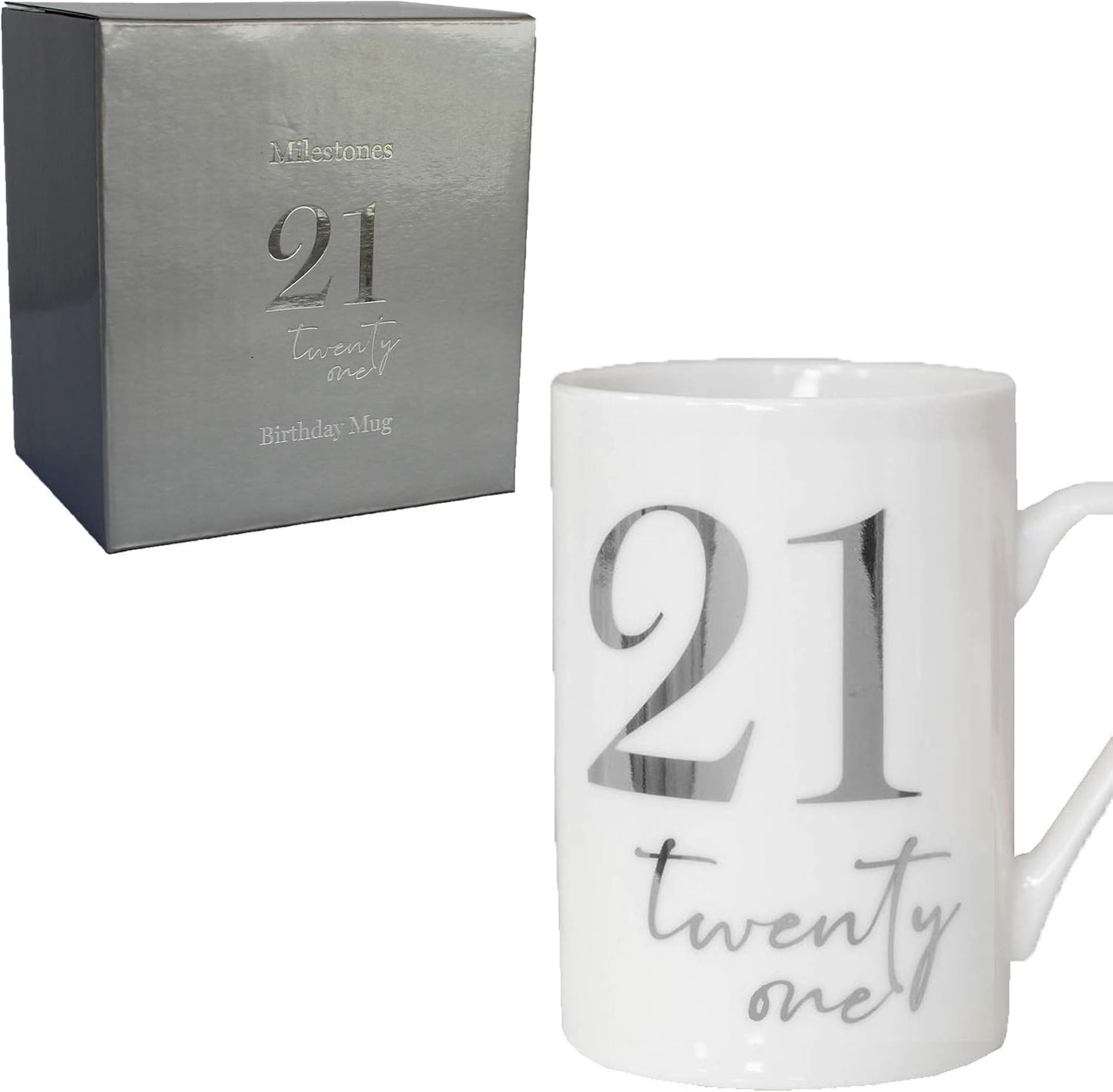 White Bone China Mug with Silver Foil Number - 21 Twenty one 21st Birthday