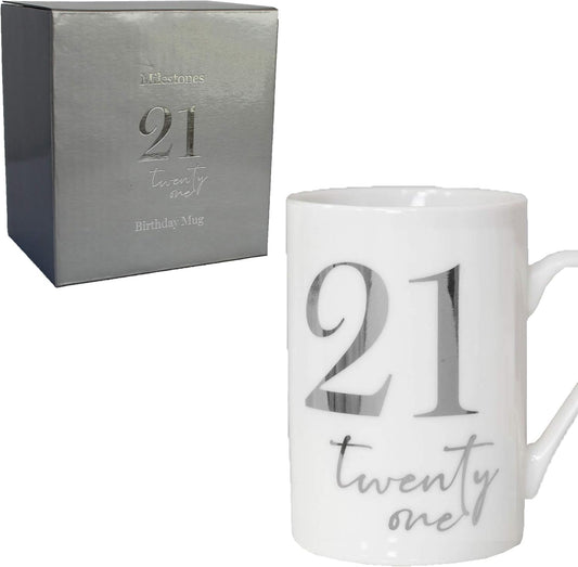 White Bone China Mug with Silver Foil Number - 21 Twenty one 21st Birthday