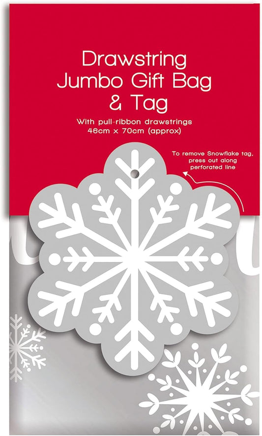 Jumbo Santa Sack Drawstring Gift Bag & Tag Snowflake Design Xmas Eve Presents 46 x 70cm