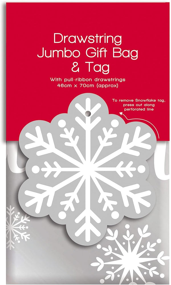 Jumbo Santa Sack Drawstring Gift Bag & Tag Snowflake Design Xmas Eve Presents 46 x 70cm