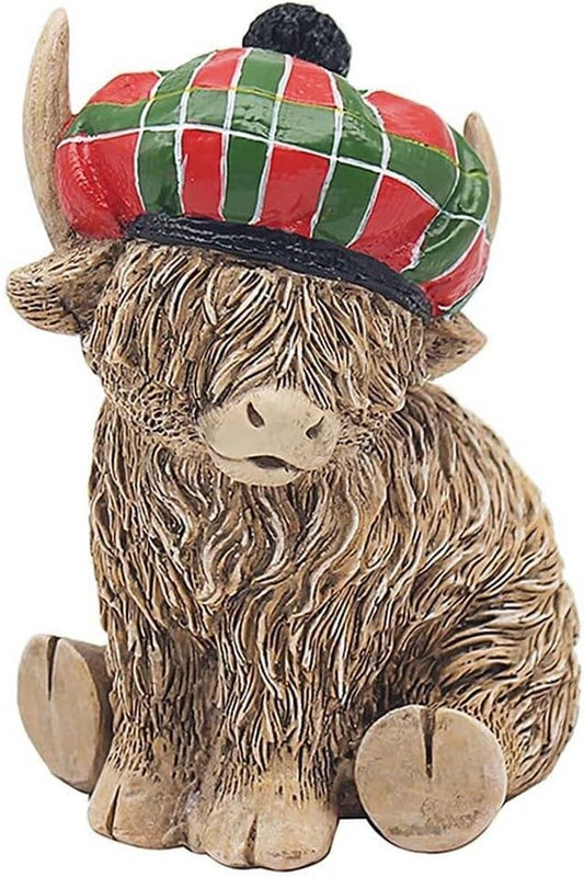 hcg Highland Cow Figurine, 25 cm, Red and Green Tartan Hat