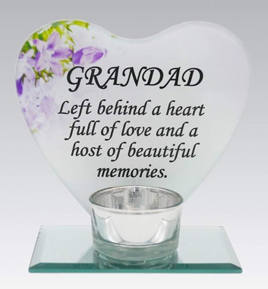 Grandad Glass Heart Memorial Plaque Tealight Candle Holder Floral