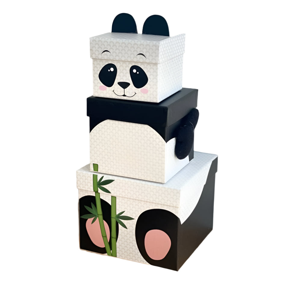Clairefontaine K-29865-BXC - A Set of 3 Stackable Square Cardboard Boxes - Patterned Box for Children - Pattern: Panda - Ideal for: Storage, Decoration, Gift Box