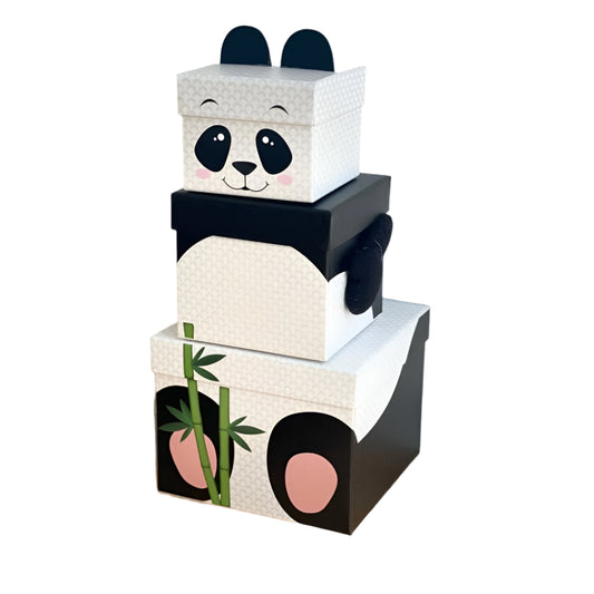 Clairefontaine K-29865-BXC - A Set of 3 Stackable Square Cardboard Boxes - Patterned Box for Children - Pattern: Panda - Ideal for: Storage, Decoration, Gift Box