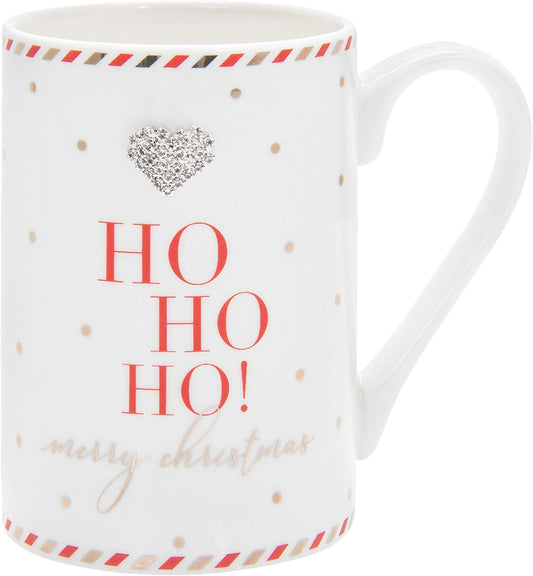 Mad Dots Gift Boxed Christmas Mug Cup with Diamante Heart - Ho Ho Ho