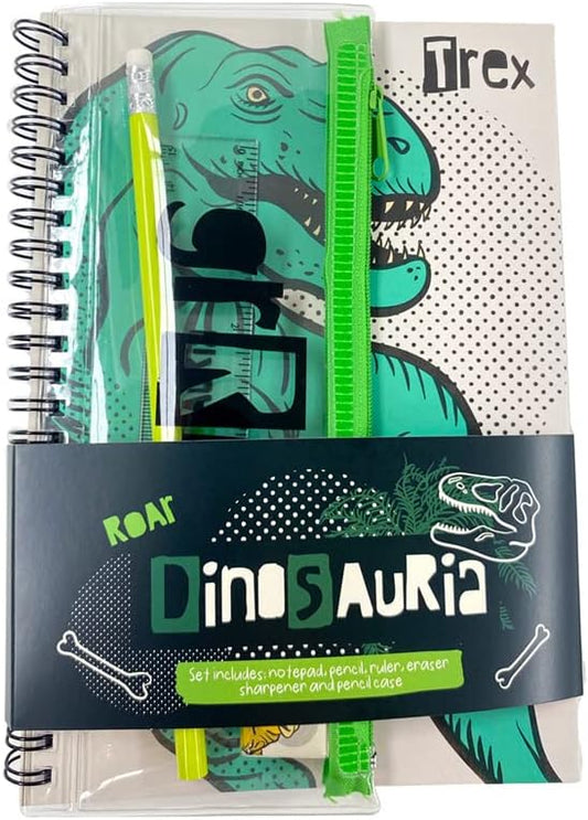 Puckator MEMOS06 Dinosauria Ring Bound Notepad & Pencil Case 6 Piece Stationery Set