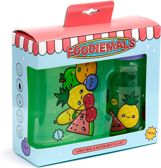 Puckator Foodiemals Lunch Box & Water Bottle Set - Lunchbox with Multi Compartments - Small Food Containers - Lunchbox for Adults and Kids - Girls Boys Lunchbox - Snack Storage
