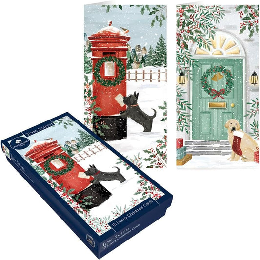 Tom Smith Boxed Christmas Cards Pack - 15 Luxury Xmas Cards with Envelopes and Seals - Slimline Dog Postbox & Front Door Designs - Recycled Eco Friendly Christmas Card Set