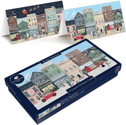 Tom Smith Boxed Christmas Cards Pack - 15 Luxury Xmas Cards with Envelopes and Seals - Slimline Festive Shopfront Designs - Recycled Eco Friendly Christmas...