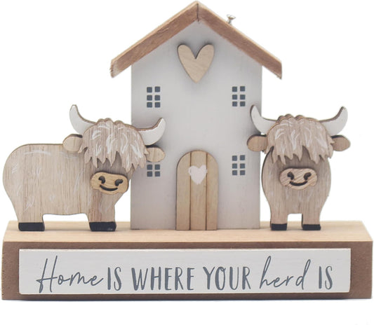 Highland Cow Plaque, House, 'Home is where your herd is, wooden ornament