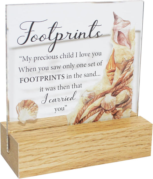 Memorial Glass Plaque on a Wooden Base - Footprints in the Sand