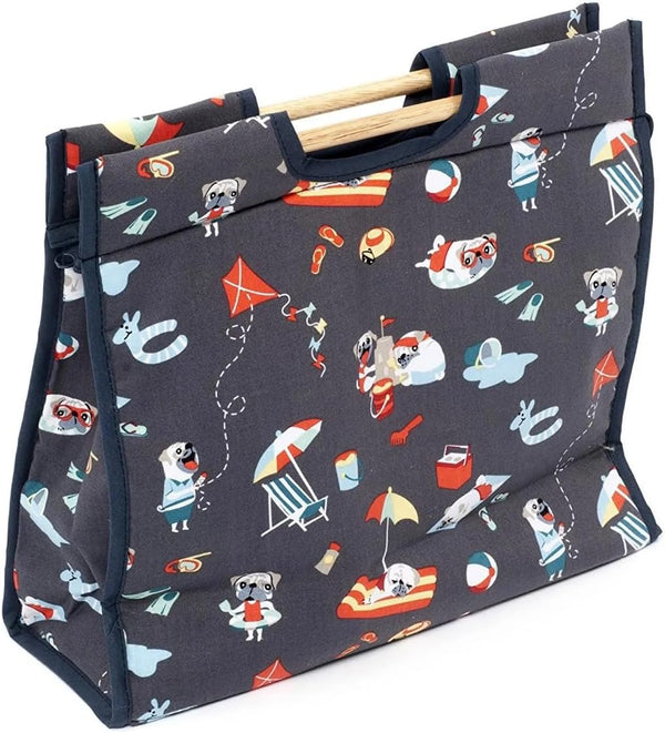 Hobby Gift Classic Sewing Bag in a Multi-colour Pug Pattern on Dark Grey (11 x 32 x 28cm)