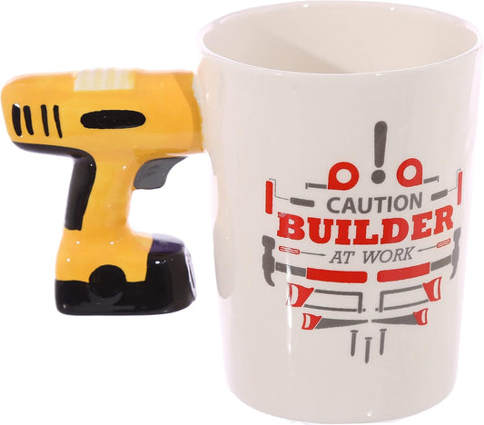 Puckator Electric Drill with Builder Decal Ceramic Shaped Handle Tea Coffee Mug - Funny Home Accessories Cute Gifts for Girlfriend Large Mugs for Men Women Hot Drinks Cups Presents Secret Santa Gift