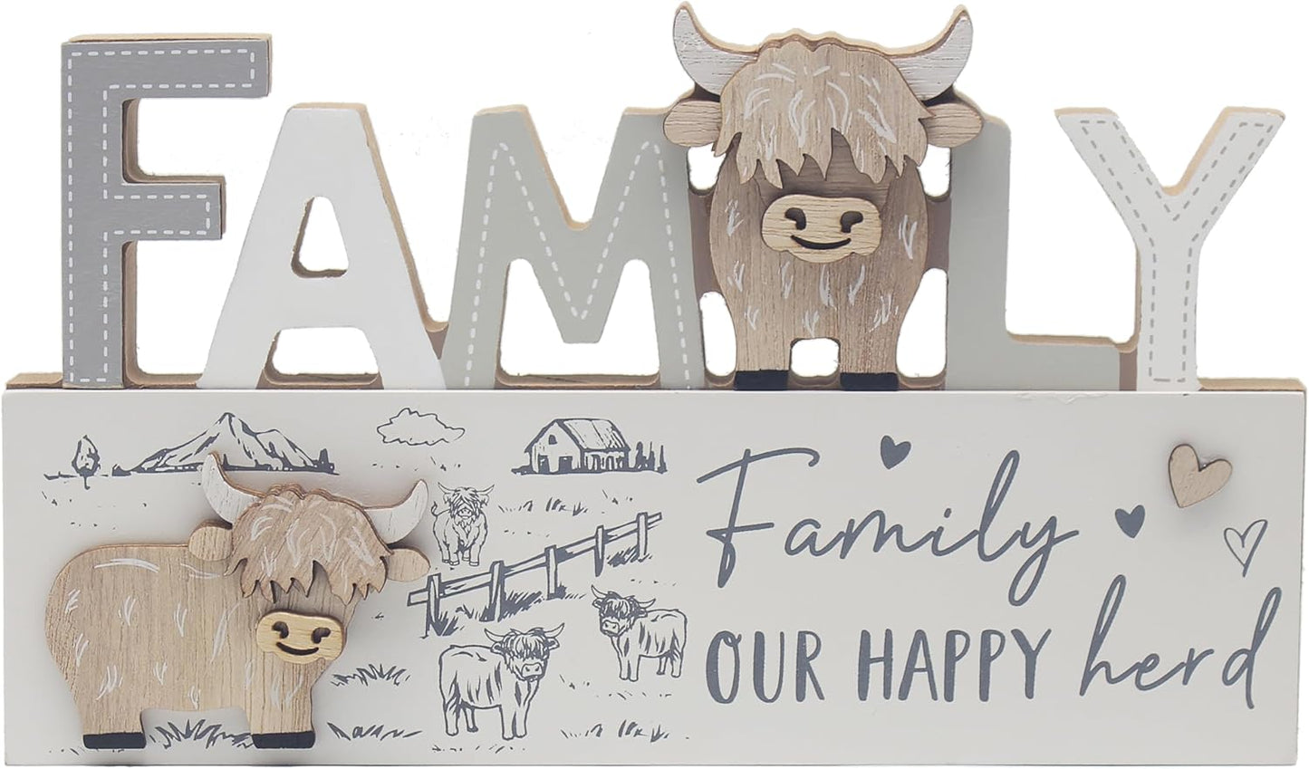 Lesser & Pavey Love & Affection Highland Cow Wooden Plaque - Family