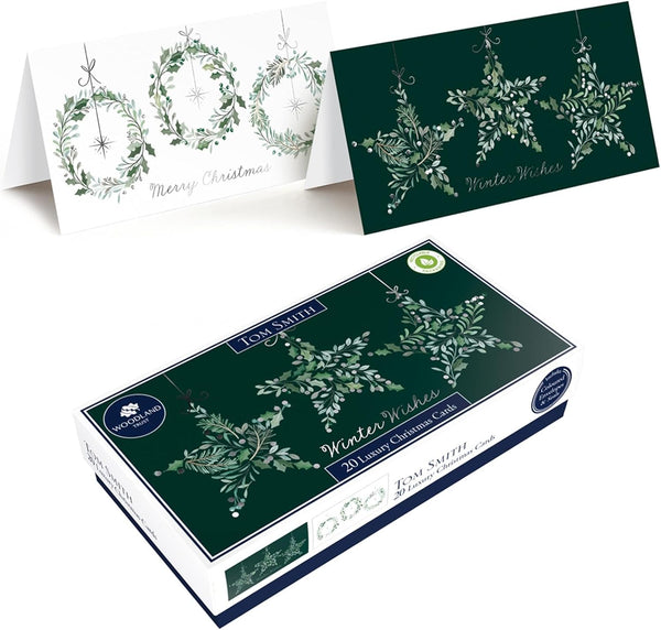 Tom Smith 20 Boxed Luxury Eco Friendly Christmas Cards 2 Slim Wreath & Stars Designs