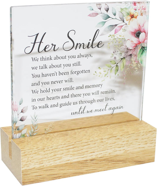 Memorial Glass Plaque on a Wooden Base - Her Smile
