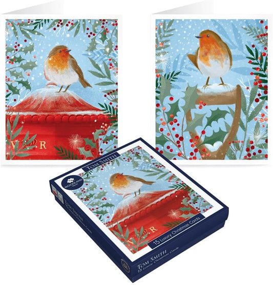 Tom Smith Boxed Christmas Cards Pack - 15 Luxury Xmas Cards with Envelopes and Seals - Seasonal Robin Designs - Recycled Eco Friendly Christmas Card Set