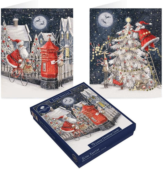 Tom Smith Boxed Christmas Cards Pack - 15 Luxury Xmas Cards with Envelopes and Seals - Festive Santa Xmas Tree & Postbox Designs - Recycled Eco Friendly...