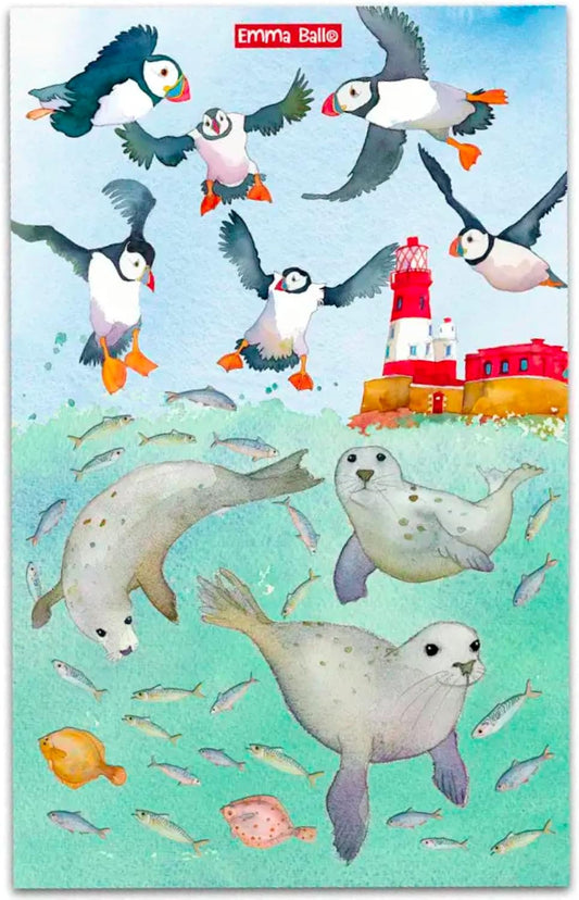 Emma Ball Swimming Seals Cotton Tea Towel Printed in The UK