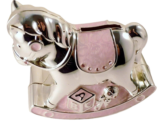 Christening Gift Silver Plated Pink Enamelled Rocking Horse Money Box