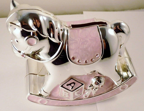 Christening Gift Silver Plated Pink Enamelled Rocking Horse Money Box