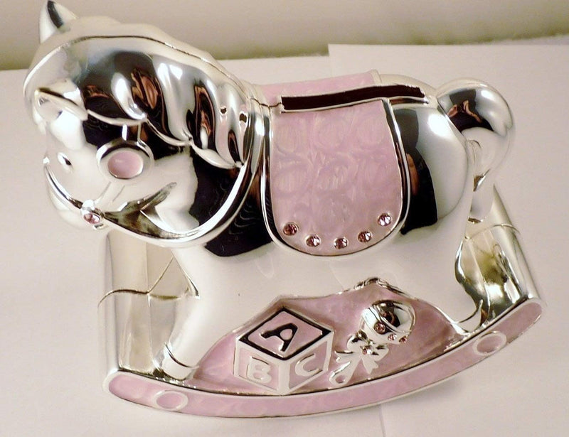 Christening Gift Silver Plated Pink Enamelled Rocking Horse Money Box