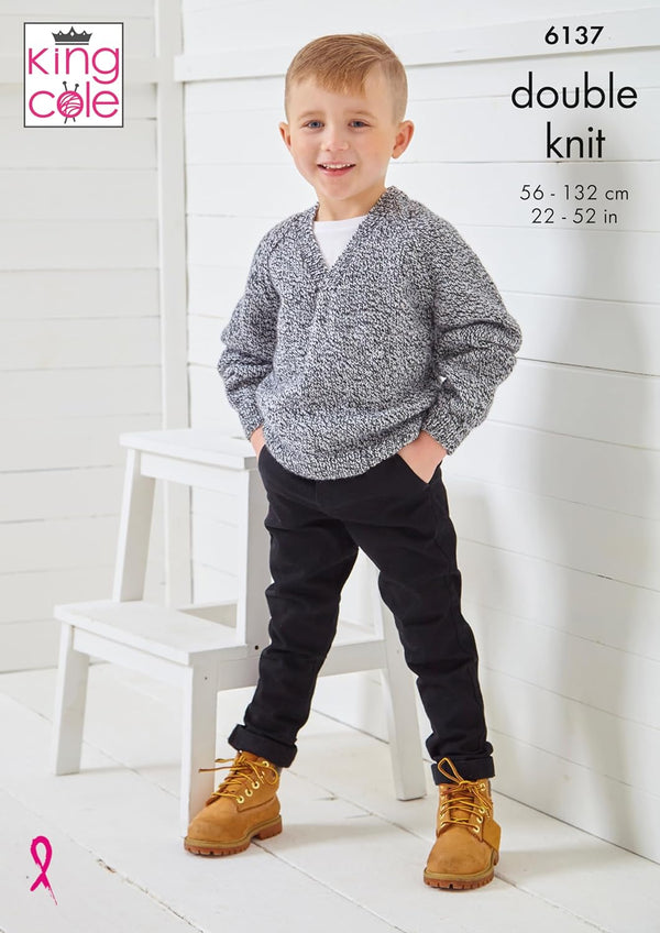 King Cole Men’s & Children's Knitting Pattern Double Knit Sweaters (6137), 22” – 52” (56 cm – 132cm) Chest