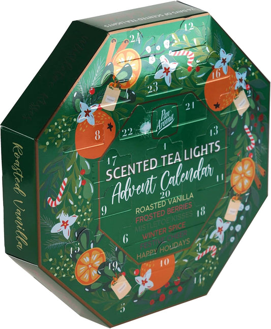 Pan Aroma Christmas Tea Light Candle Advent Calendar 24 Festive Countdown Scented Tea Light Candles,Green