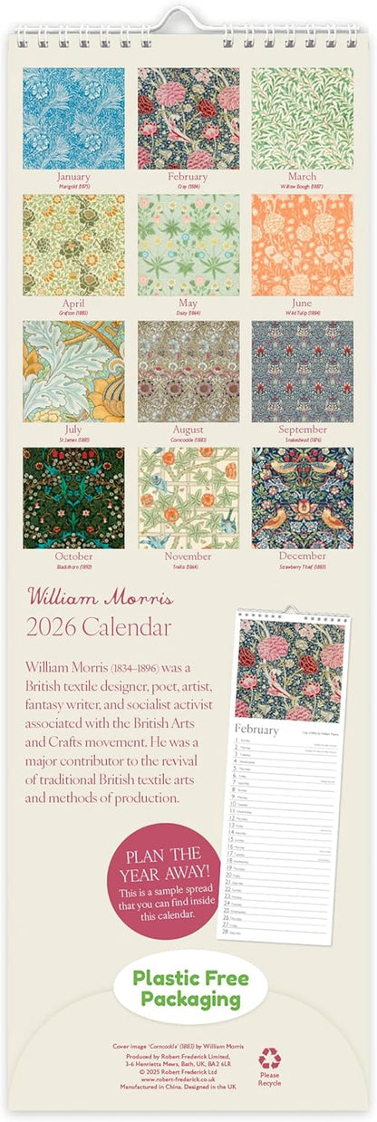 William Morris 2026 Slim Wall Calendar | Monthly Planner Featuring Classic Prints Like Strawberry Thief, Cray & Blackthorn
