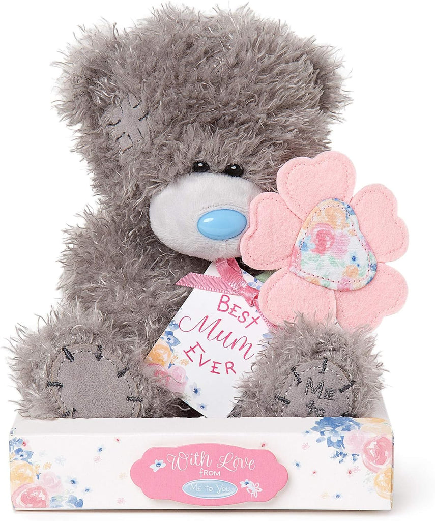Me to You Tatty Teddy with Embroidered Flower and 'Best Mum Ever' Gift Tag - Official Collection, Blue,grey,pink