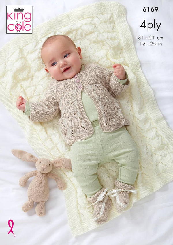 King Cole Baby Knitting Pattern Double Knit Baby Blanket, Matinee Jacket, Sweater, Bootees and Hat (6169), 12” – 20” (31cm – 51cm)