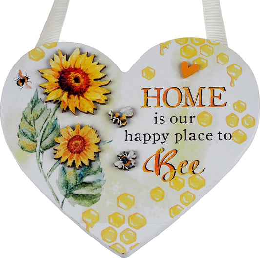 Lesser & Pavey Bee Happy Sunflower Wooden Heart Shaped Plaque Hanging Door Decor Summer Floral