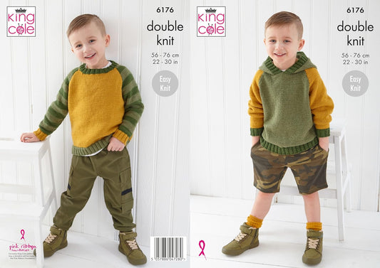 King Cole Boy's Easy Knitting Pattern, Double Knit Sweater and Hoodie (6176), 22” – 30” (56cm – 76cm)