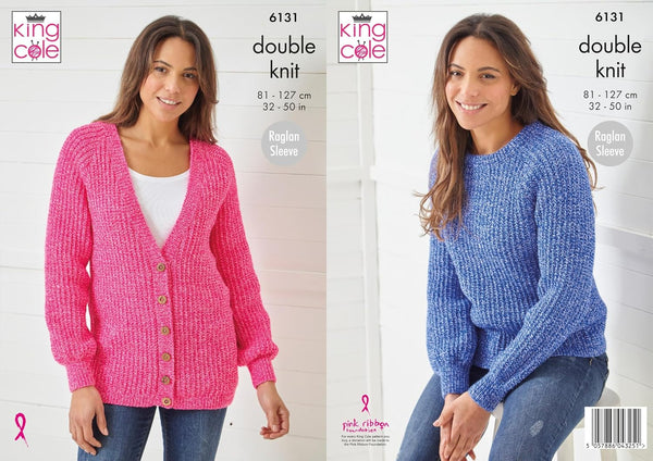 King Cole 6131 Knitting Pattern Womens Raglan Sweater and Jacket in King Cole Pricewise Twirly DK
